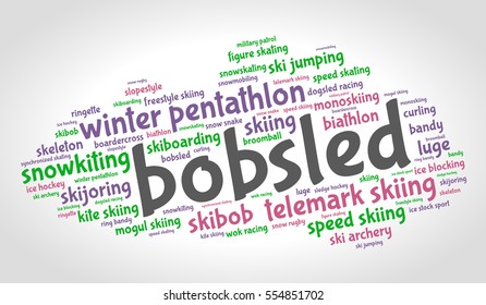 Bobsled. Word cloud, colored italic font, grey gradient background. Winter sport