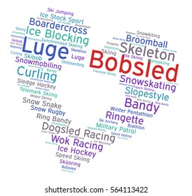 Bobsled. Word cloud, heart inside heart, italic font, white background. Love of sport.