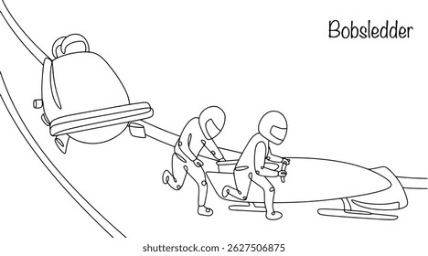 Bobsledders compete in bobsled racing by sliding down an icy track on a special sled. The pilots ride in the sled, and the boosters help the sled pick up speed. Vector illustration.