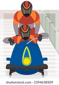 bobsleigh, bobsledding 2-man or 2-person crew at start of downhill run on iced track