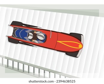 bobsleigh, bobsledding aerial view of 2-man or 2-person crew racing downhill on iced track