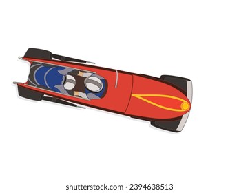 bobsleigh, bobsledding aerial view of 2-person crew racing downhill isolated on a white background