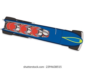 bobsleigh, bobsledding aerial view of 4-man or 4-person crew racing downhill isolated on a white background