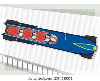 bobsleigh, bobsledding aerial view of 4-man or 4-person crew racing downhill on iced track