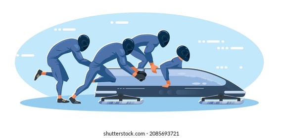 Bobsleigh competition vector flat design illustration. Bobsleigh team run quick behind the bob