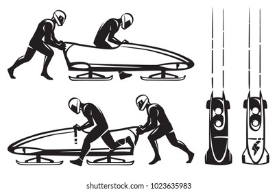 Bobsleigh Double. Two Athletes And Bobsled. Hand Drawn Illustration.