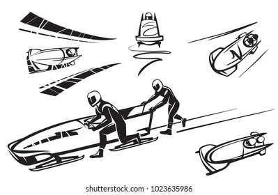 Bobsleigh Double. Two athletes and bobsled. Hand drawn illustration.