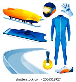 Bobsleigh equipment, sport tools set vector illustraton