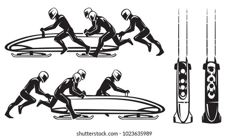 Bobsleigh and four athletes. Hand drawn illustration