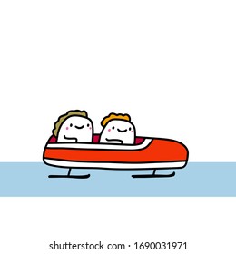 Bobsleigh hand drawn vector illustration in cartoon comic style sportive people inside print poster card