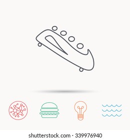 Bobsleigh icon. Four-seated bobsled sign. Professional winter sport symbol. Global connect network, ocean wave and burger icons. Lightbulb lamp symbol.