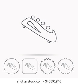 Bobsleigh icon. Four-seated bobsled sign. Professional winter sport symbol. Linear circle, square and star buttons with icons.