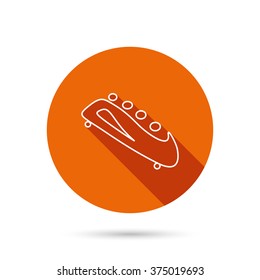 Bobsleigh icon. Four-seated bobsled sign. Professional winter sport symbol. Round orange web button with shadow.