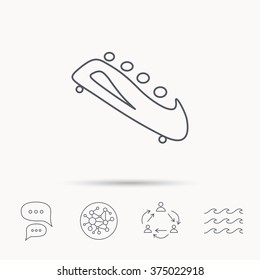 Bobsleigh icon. Four-seated bobsled sign. Professional winter sport symbol. Global connect network, ocean wave and chat dialog icons. Teamwork symbol.