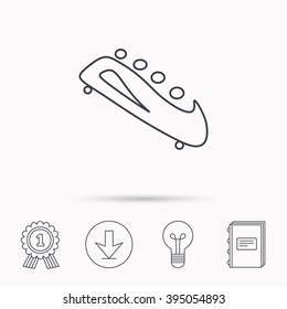 Bobsleigh icon. Four-seated bobsled sign. Professional winter sport symbol. Download arrow, lamp, learn book and award medal icons.