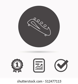 Bobsleigh icon. Four-seated bobsled sign. Professional winter sport symbol. Report document, winner award and tick. Round circle button with icon. Vector
