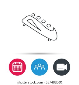 Bobsleigh icon. Four-seated bobsled sign. Professional winter sport symbol. Group of people, video cam and calendar icons. Vector