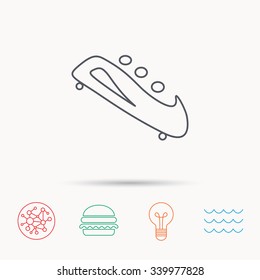 Bobsleigh icon. Three-seater bobsled sign. Professional winter sport symbol. Global connect network, ocean wave and burger icons. Lightbulb lamp symbol.