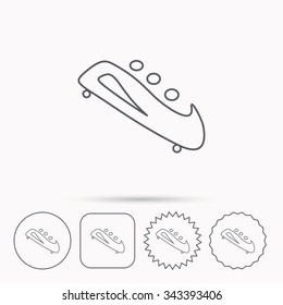 Bobsleigh icon. Three-seater bobsled sign. Professional winter sport symbol. Linear circle, square and star buttons with icons.