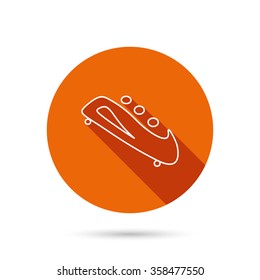 Bobsleigh icon. Three-seater bobsled sign. Professional winter sport symbol. Round orange web button with shadow.