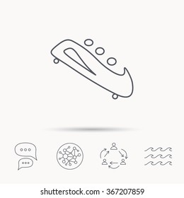 Bobsleigh icon. Three-seater bobsled sign. Professional winter sport symbol. Global connect network, ocean wave and chat dialog icons. Teamwork symbol.