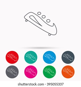 Bobsleigh icon. Three-seater bobsled sign. Professional winter sport symbol. Linear icons in circles on white background.
