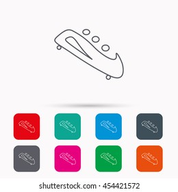 Bobsleigh icon. Three-seater bobsled sign. Professional winter sport symbol. Linear icons in squares on white background. Flat web symbols. Vector