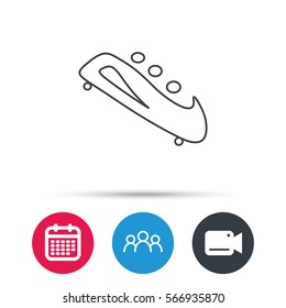 Bobsleigh icon. Three-seater bobsled sign. Professional winter sport symbol. Group of people, video cam and calendar icons. Vector