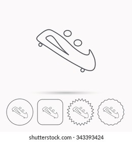 Bobsleigh icon. Two-seater bobsled sign. Professional winter sport symbol. Linear circle, square and star buttons with icons.
