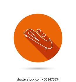 Bob-sleigh icon. Two-seater bob-sled sign. Professional winter sport symbol. Round orange web button with shadow.
