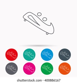 Bobsleigh icon. Two-seater bobsled sign. Professional winter sport symbol. Linear icons in circles on white background.