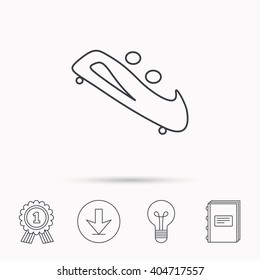 Bobsleigh icon. Two-seater bobsled sign. Professional winter sport symbol. Download arrow, lamp, learn book and award medal icons.