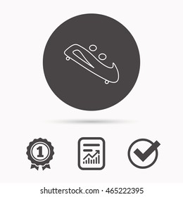 Bobsleigh icon. Two-seater bobsled sign. Professional winter sport symbol. Report document, winner award and tick. Round circle button with icon. Vector