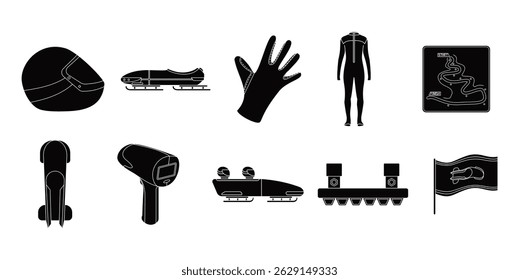 Bobsleigh Items Gear Silhouette Illustration Vector Set