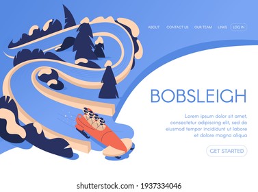 Bobsleigh landing page template concept drawn in blue color with snowy trees landscape and people team in professional sled