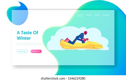 Bobsleigh Race  Website Landing Page. Professional Sportsman in Uniform Speed Bob for Riding Fast on Competition Web Page Banner. Cartoon Flat Vector Illustration