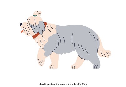 Bobtail dog breed. Old English sheepdog, cute fluffy canine animal. Sweet bob-tailed doggy profile, shaggy hairy shepherd walking, strolling. Flat vector illustration isolated on white background