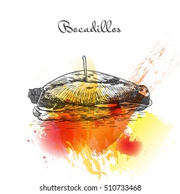 Bocadillos colorful watercolor effect illustration. Vector illustration of Spanish cuisine.