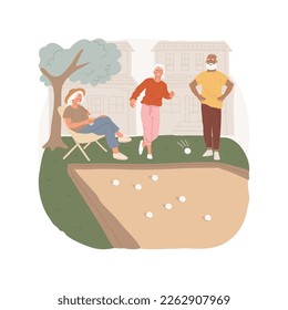 Bocce ball isolated cartoon vector illustration. Petanque game, senior people playing bocce ball in the park under trees, outdoor recreation area, suburban houses on background vector cartoon.