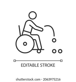 Lineares Boccia-Symbol. Präzision Ball wirft Sport. Sportler mit körperlicher Behinderung. Dünne, anpassbare Illustration. Contour-Symbol. Vektor-einzelne Rahmenzeichnung. Bearbeitbarer Hub