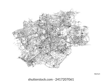 Mapa de la ciudad de Bochum con carreteras y calles, Alemania. Blanco y negro. Ilustración del contorno del vector.