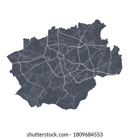 Mapa de Bochum. Mapa vectorial detallado del área administrativa de la ciudad de Bochum. afiche del área metropolitana. Tierra oscura con calles blancas, caminos y avenidas. Fondo blanco.