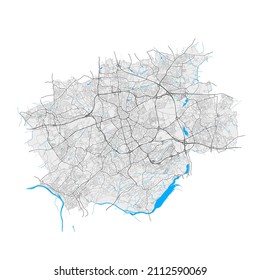 Bochum, North Rhine-Westphalia, Germany high resolution vector map with city boundaries and editable paths. White outlines for main roads. Many detailed paths. Blue shapes and lines for water.