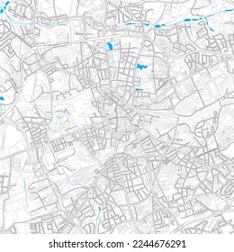 Bochum, North Rhine-Westphalia, Germany high resolution vector map with editable paths. Bright outlines for main roads. Use it for any printed and digital background. Blue shapes and lines for water.