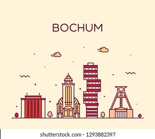 Bochum skyline, Germany. Trendy vector illustration, linear style