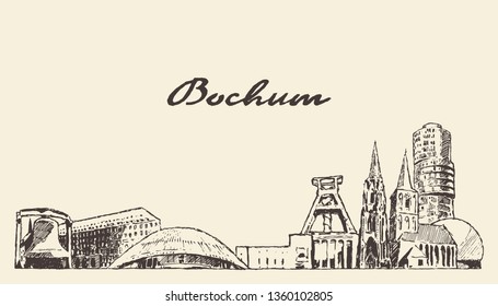 Bochum skyline, North Rhine-Westphalia, Germany, hand drawn vector illustration, sketch