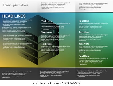 Bochure three columns with yellow blue and green gradient mesh background with server illustration and white header and black footer