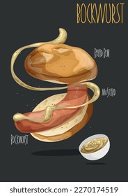 Bockwurst with a bun. Boiled sausage with a bun. Vector illustration