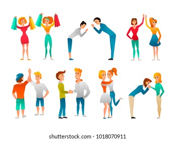 Bode language hand gestures flat characters collection of people meeting greeting hugging each other isolated vector illustration 