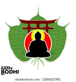 Bodhi Day banner, silhouette of a Buddha meditating with Torii gate and Bodhi leaves behind him to commemorate on December 8th in Japan.